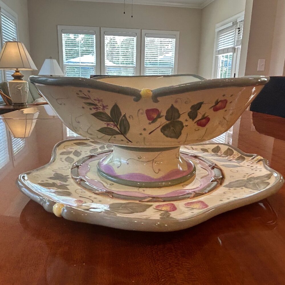 Partylite Strawberry Fields Platter and Pedestal Bowl